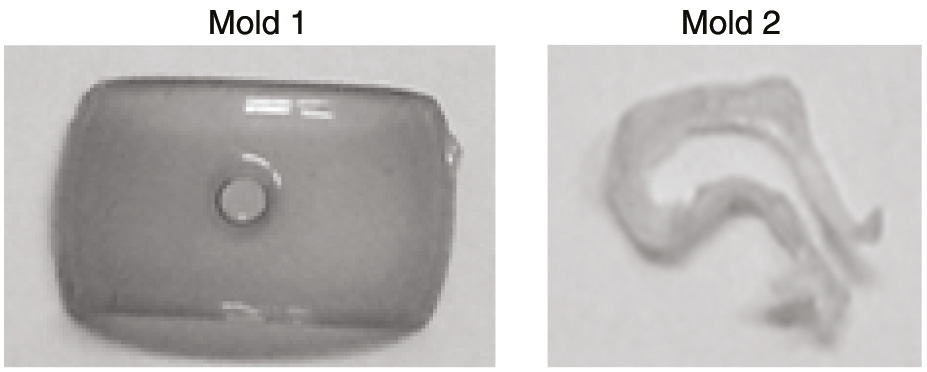 Fig. 3: Polynorbornenes derived from 14 as obtained from the metallic molds: 6 M monomer solution in DCM and 0.05%-mol of precatalyst 13cis. Adapted from Ref. [51].