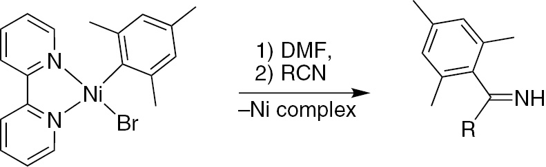 Scheme 6: 
              Reaction of organonickel sigma-complexes [NiBr(Mes)(bpy)] with nitriles.
            