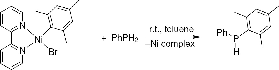 Scheme 7: 
              Reaction of organonickel sigma-complexes [NiBr(Mes)(bpy)] with phenylphosphine.
            