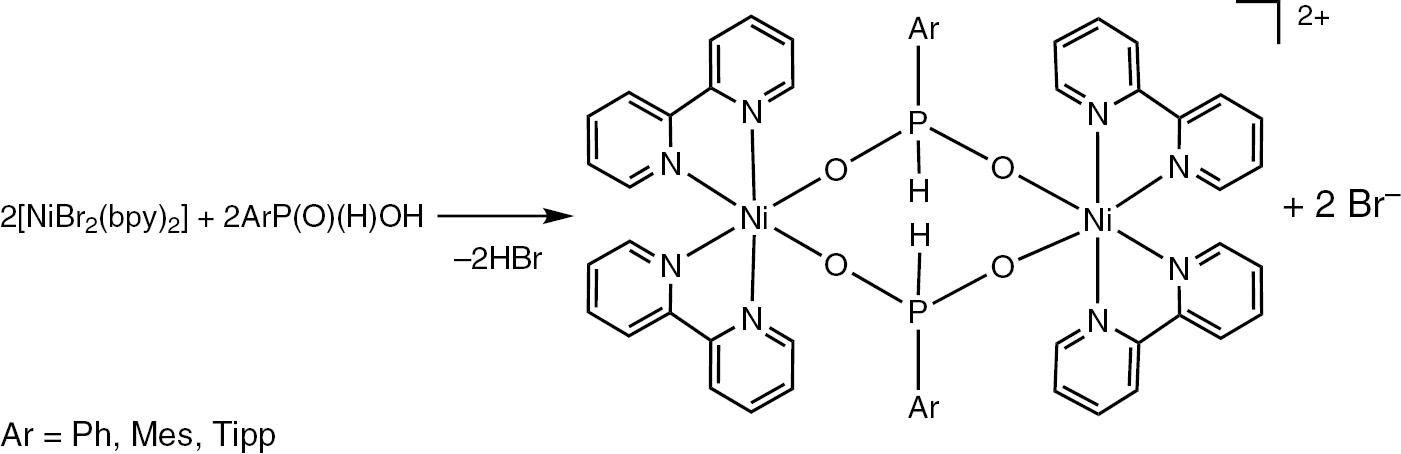 Scheme 11: 
            The formation of new dinuclear nickel complexes [Ni2(μ-O2P(H)Ar)2(bpy)4]2+ by the reaction of arylphosphinic acids with nickel catalyst.
          