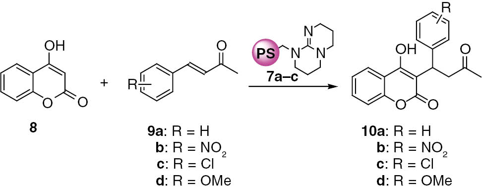 Scheme 3: 
					Polymer supported base-catalyzed Michael addition of 4-hydroxycoumarin 8 to α,β-unsaturated ketones 9.
				