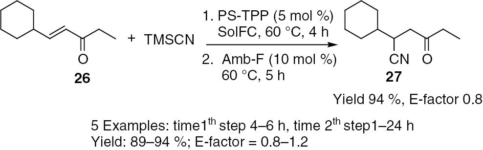 Scheme 9: 
					Two steps synthesis of β-cyano ketones in flow.
				