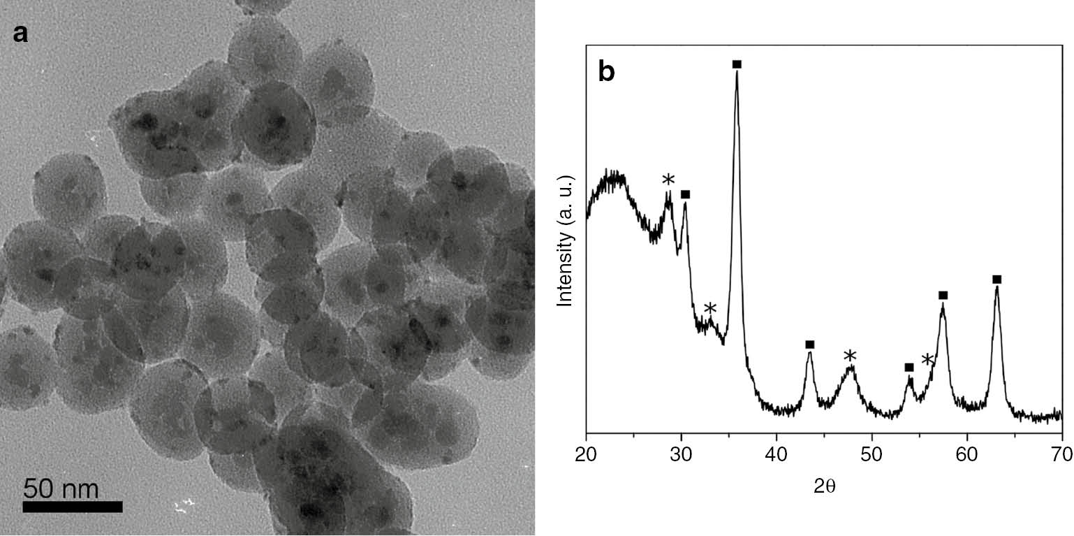Fig. 5: 
						(a) Micrograph obtained by TEM of Fe3O4@SiO2-CeO2. (b) XRD pattern of FFSiCe. The peaks attributed to magnetite are indicated with ■ and to ceria with *.
					