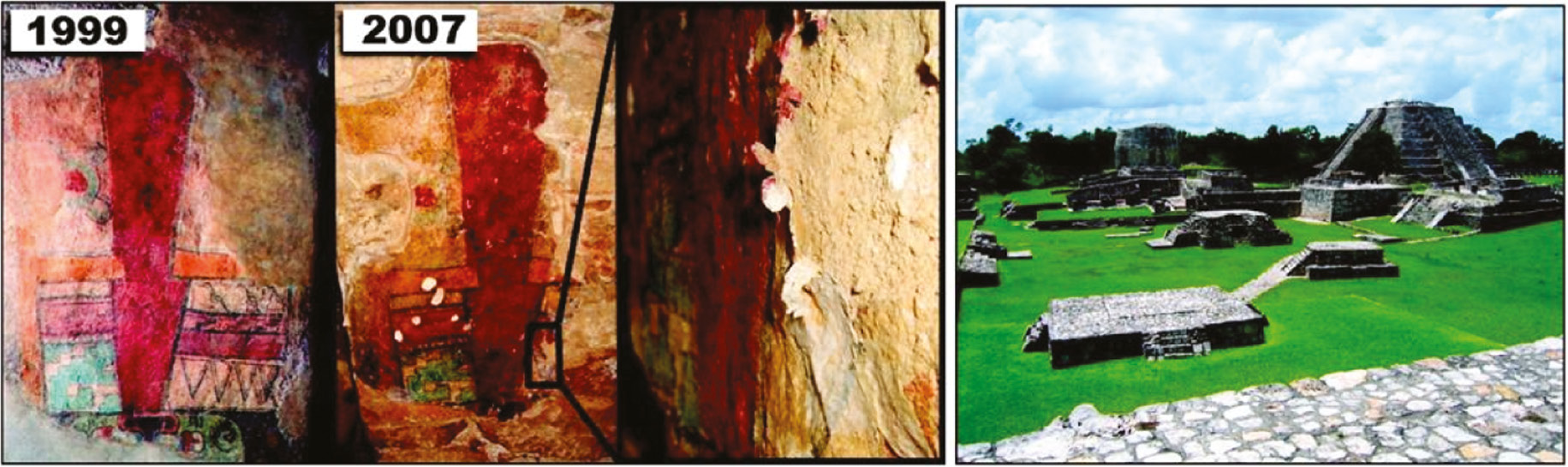 Fig. 1: 
          Mural paintings in the “Templo de los Nichos Pintados” at the archeological site of Mayapan (Yucatan, Mexico). The wall painting shows extensive degradation due to flaking associated with salt weathering. This damaging phenomenon is related to the conservation intervention performed in 1999 using a copolymer coating (Mowilith DM5). Reprinted with permission from Giorgi et al. [17]. Copyright 2010 American Chemical Society.
        