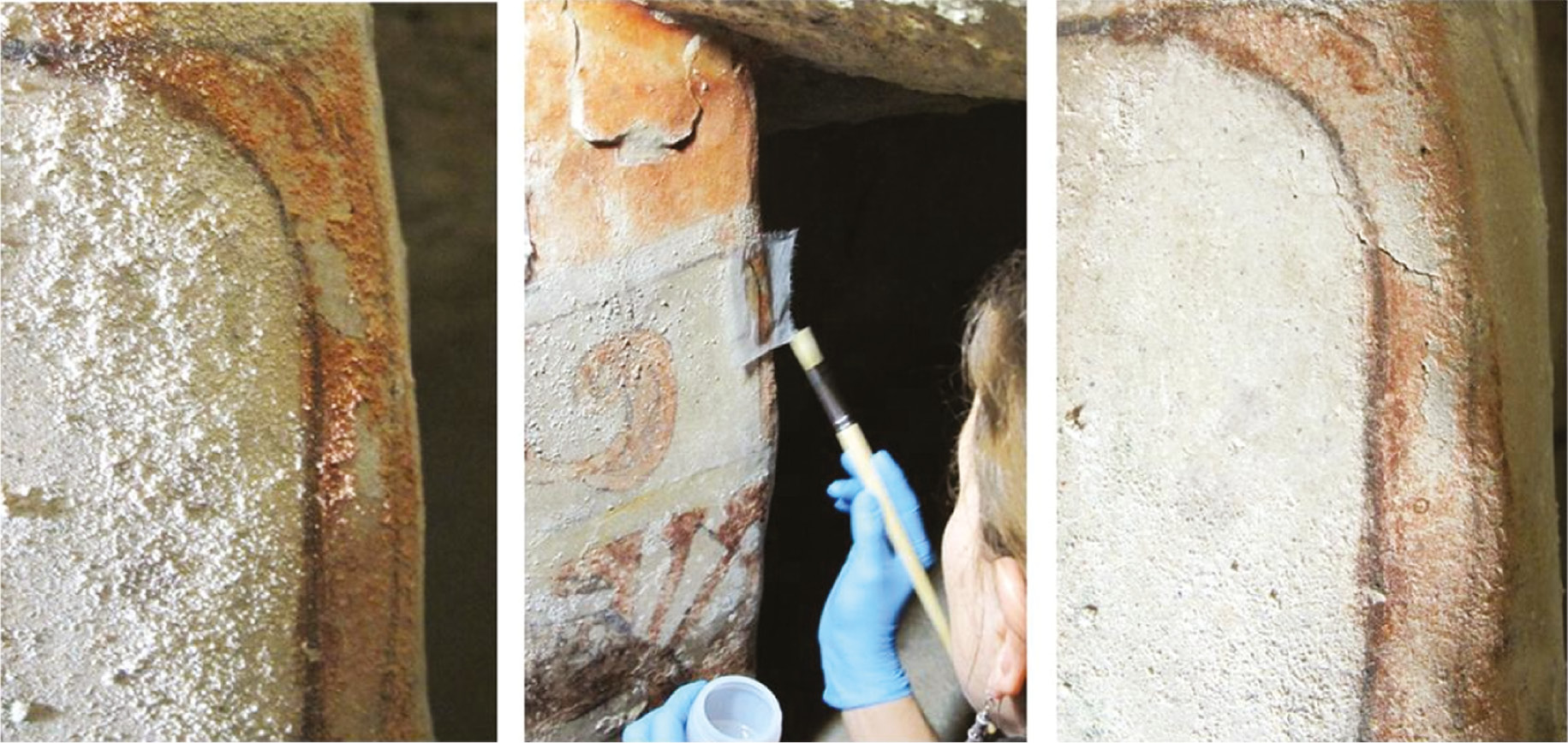 Fig. 8: 
            Example of the conservation of wall painting (archeological site of Ixcaquixtla) involving the application of nanolimes. On the left, salt crystallization has led to the powdering of the paint layer with a consequent loss of pigments. On the center, a conservator applies the treatment (note the use of Japanese paper). On the right, the same area after the conservation intervention. Reprinted from Chelazzi et al. [33]. Copyright (2013), with permission from Elsevier.
          