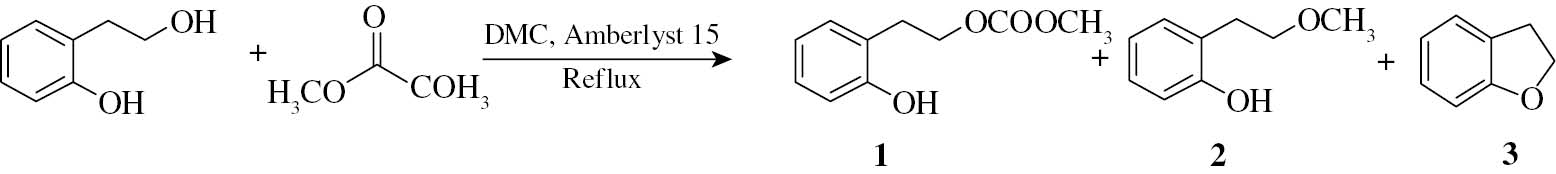 Scheme 5: 
						Reaction of 2-(2-hydroxyethyl)phenol with DMC with Amberlyst 15 and structures of the products observed.
					