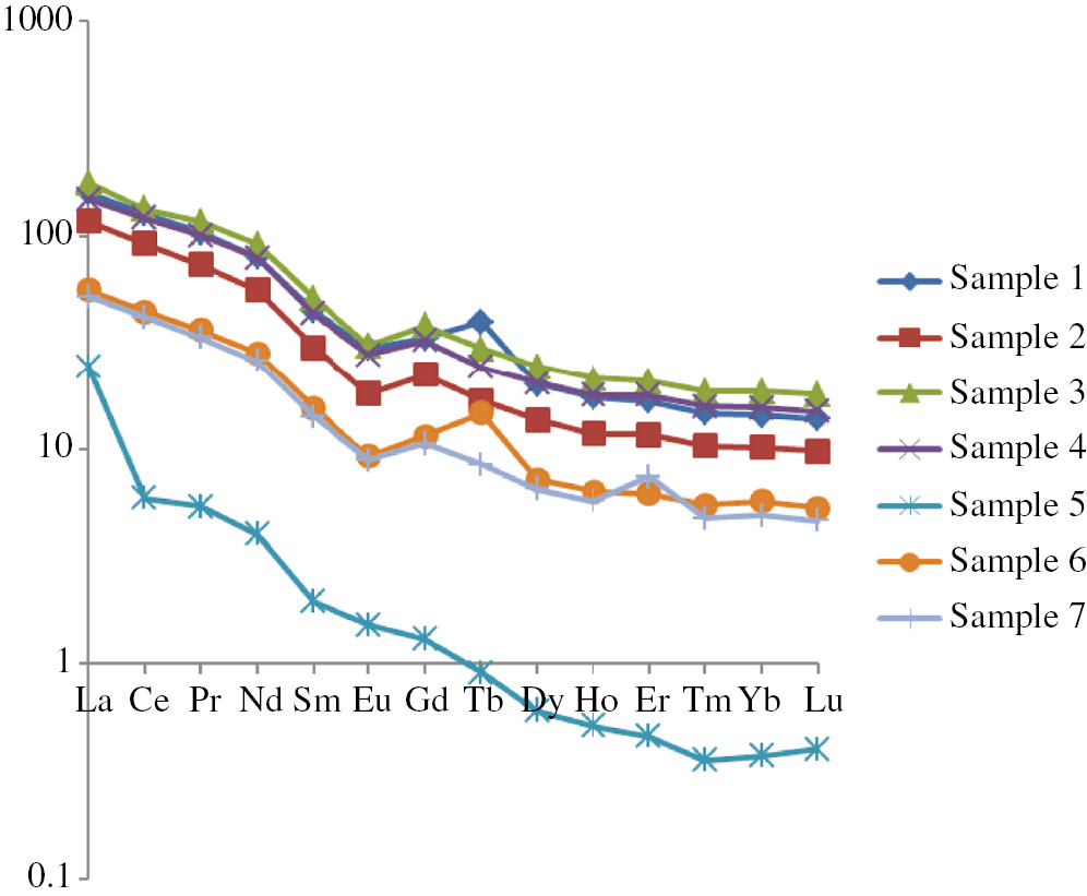 Fig. 3: 
					The graphs of chondrite normalized REE concentrations.
				