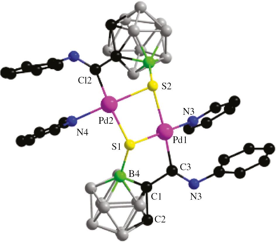 Figure 1: 
            Molecular structure of complex 3: H atoms are omitted for clarity. Color code: C, black; N, blue; Pd, pink; B4, bright green; other B, gray; S, yellow. Selected bond lengths (Å) and angles (deg): Pd(1)–C(3) 1.994(6); Pd(1)–S(1) 2.3402(16); Pd(1)–S(2) 2.4245(15); S(1)–B(4) 1.883(7); C(1)–B(4) 1.708(9); N(1)–C(3) 1.270(7); C(3)–Pd(1)–S(1) 88.63(17); B(4)–S(1)–Pd(1) 96.37(2); Pd(1)–S(1)–Pd(2) 81.09(5); C(1)–B(4)–S(1) 110.3(4).
          