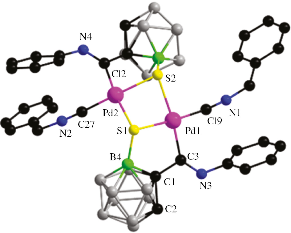 Figure 2: 
            Molecular structure of complex 4: H atoms are omitted for clarity. Color code: C, black; N, blue; Pd, pink; B4, bright green; other B: gray; S, yellow. Selected bond lengths (Å) and angles (deg): Pd(1)–C(19) 1.954(6); Pd(1)–C(3) 2.036(5); Pd(1)–S(1) 2.3630(13); Pd(1)–S(2) 2.4193(12); S(1)–B(4) 1.884(6); N(3)–C(3) 1.255(6); C(1)–B(4) 1.689(8); C(19)–Pd(1)–C(3) 93.9(2); C(3)–Pd(1)–S(1) 90.58(14); B(4)–S(1)–Pd(1); 97.3(2); C(1)–B(4)–S(1) 110.7(4); C(1)–C(3)–Pd(1) 111.4(3).
          