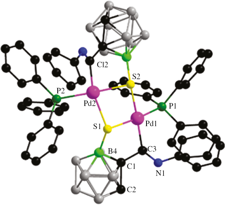Figure 3: 
            Molecular structure of complex 5: H atoms are omitted for clarity except for those involving hydrogen bonds. Color code: C, black; N, blue; Pd, pink; B4, bright green; other B, gray; P, green; S, yellow. Selected bond lengths (Å) and angles (deg): Pd(1)–C(3) 2.032(5); Pd(1)–S(1) 2.3796(13); Pd(1)–S(2) 2.4166(13); S(1)–B(4) 1.867(6); N(1)–C(3) 1.246(7); B(4)–C(1) 1.735(7); C(3)–Pd(1)–S(1) 86.44(14); B(4)–S(1)–Pd(1) 96.59(18); C(1)–B(4)–S(1) 109.5(4).
          