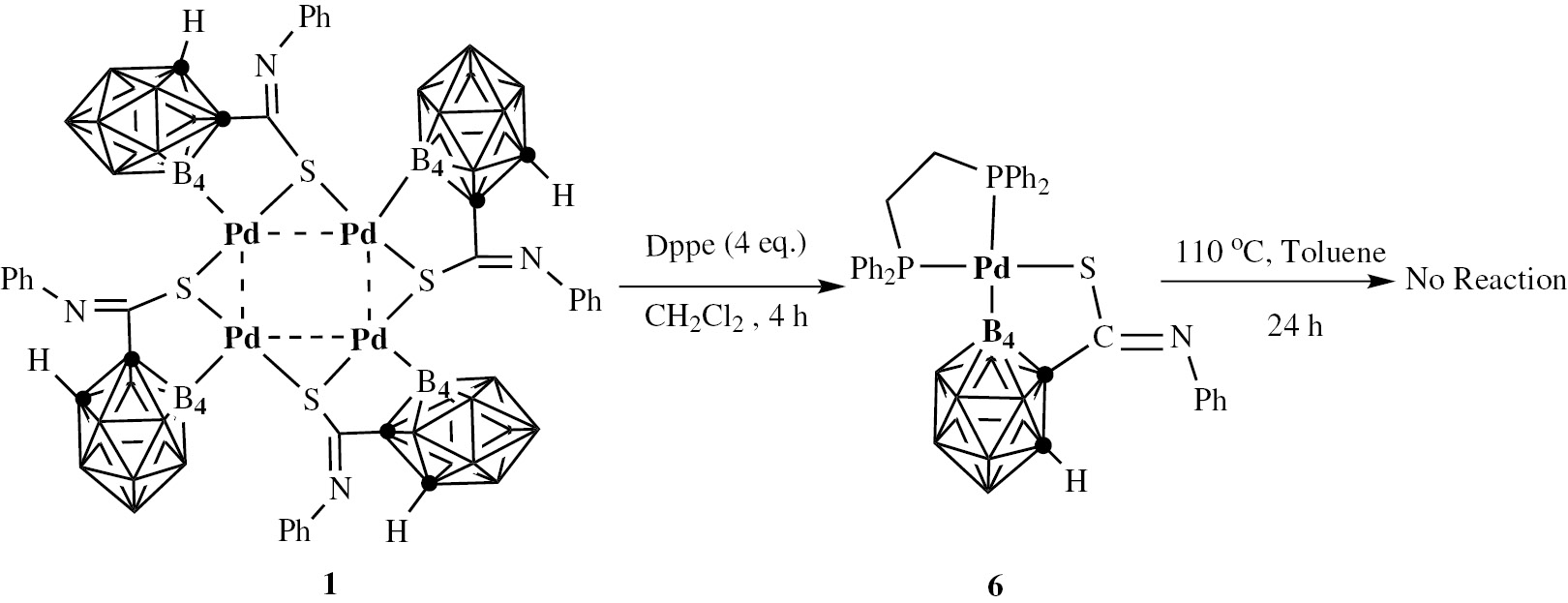 Scheme 2: 
            Use of Dppe as ligand to demonstrate the S-atom migration reaction.
          