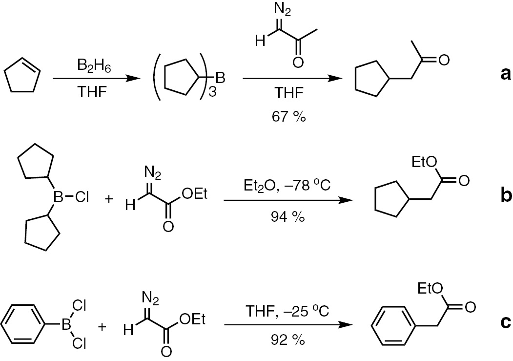 Scheme 2:
The pioneering work on the reaction between diazo compounds and organoborons.
