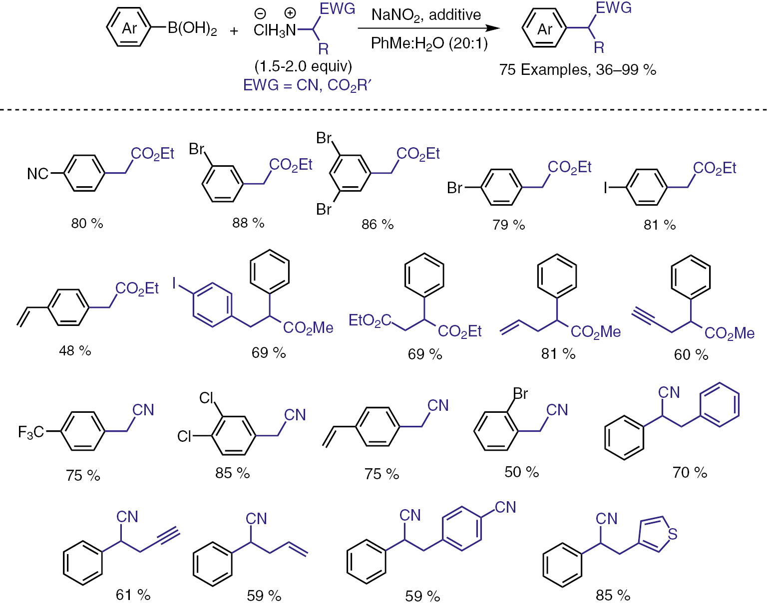 Scheme 6:
Selected examples of the transition-metal-free deaminative coupling.