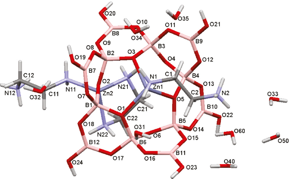Fig. 1: 
            Diagram showing atomic numbering scheme for [(H3NCH2CH2NH2)Zn{κ3O,O′,O′′-B12O18(OH)6-κ1O′′′}Zn(en)(NH2CH2CH2NH3)] (1).
          
