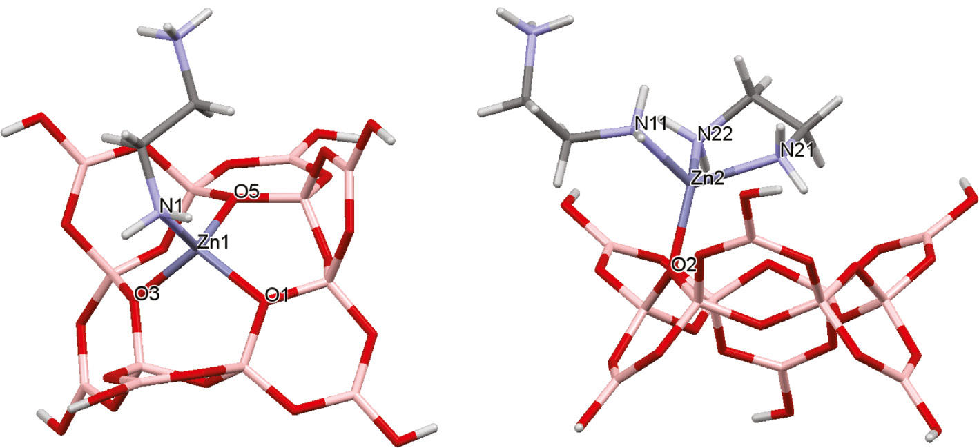 Fig. 3: 
            Diagrams showing the two coordination modes of the dodecaborate(6−) ligand. The 4-coordinate Zn1 atom has a tridentate dodecaborate(6−) ligand and a monodentate protonated en ligand (left). The 4-coordinate Zn2 atom a monodentate dodecaborate(6−) ligand, a bidentate en ligand, and a monodentate protonated en ligand coordinated to it.
          