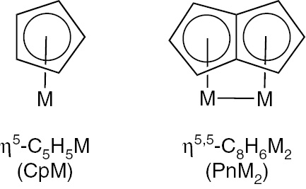 Fig. 5: 
          Comparison of the bonding of a cyclopentadienyl (Cp) ligand to one rhenium atom with that of a pentalene (Pn) ligand to two rhenium atoms.
        