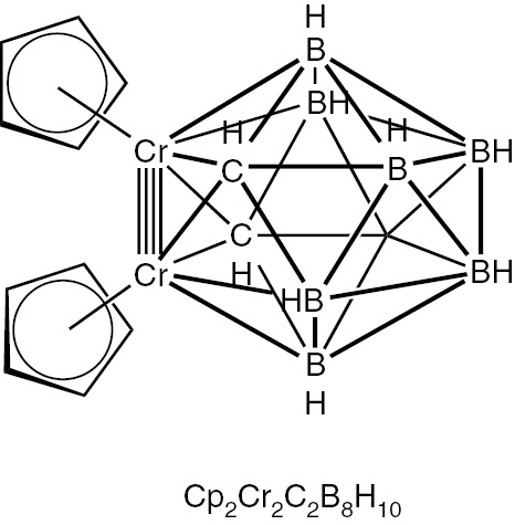 Fig. 6: 
          The experimentally known dichromadicarbaborane suggested to have a formal Cr≣Cr quadruple bond.
        