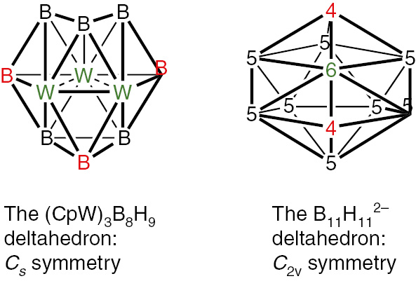 Fig. 10: 
          Comparison of the W3B8 deltahedron in Cp*3W3(μ-H)B8H8 with the most spherical 11-vertex closo deltahedron found in B11H112−.
        