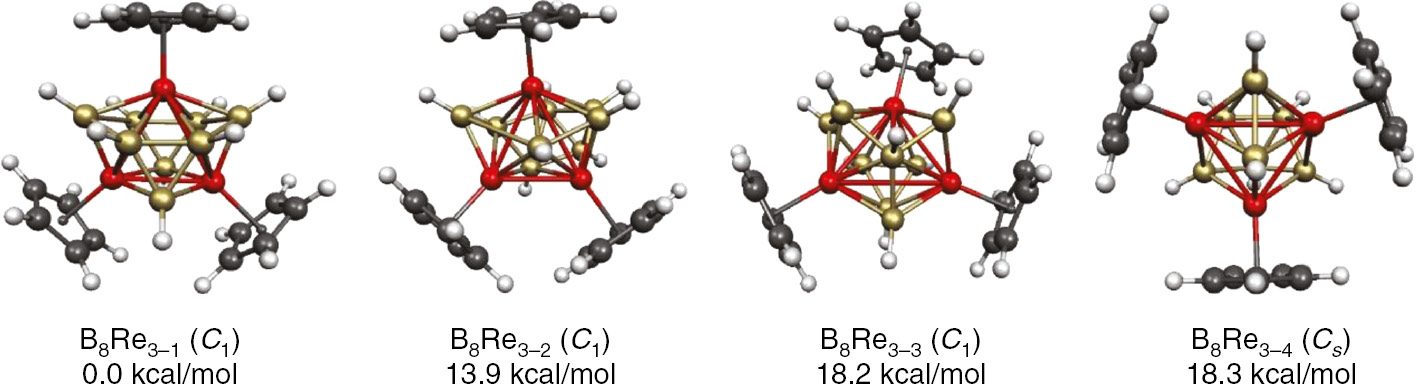 Fig. 11: 
          The four lowest-energy Cp3Re3B8H8 structures.
        