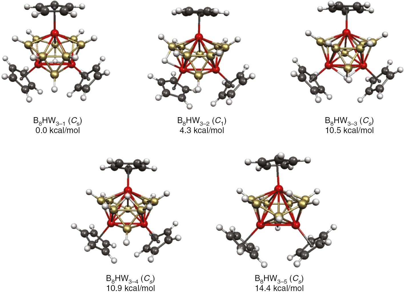 Fig. 13: 
          The five lowest energy Cp3W3(H)B8H8 structures.
        