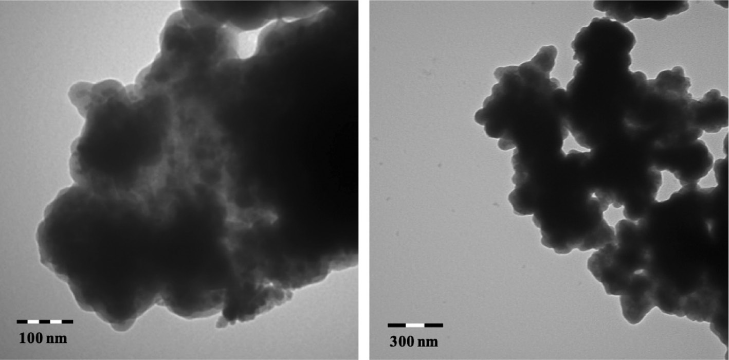Fig. 8: 
          TEM micrographs of nano-aggregates made from the SkySpring™ magnetite cores on a 50 g scale and having an equilibrium batch capacity of 0.5 mmol/g.
        