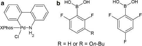 Scheme 11: 
              (a) structure of palladium pre-catalyst, which is used in SMC of easily deboronating boronic acids, (b) structures of investigated fluorinated boronic acids [24].
            