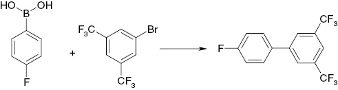 Scheme 14: 
              SMC of 4-fluorophenylboronic acid with fluorinated phenyl bromide [25].
            