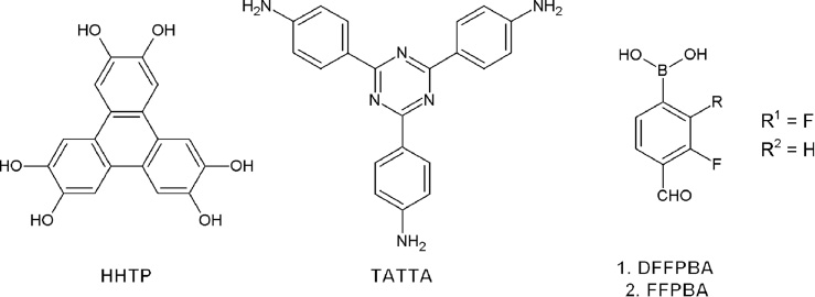 Scheme 18: 
              Compounds used to create COFs: HHTP, 2,3,6,7,10,11-hexahydroxytriphenylene; TATTA, 4,4′,4″-(1,3,5-triazine-2,4,6-triyl)trianiline; DFFPBA, 2,3-difluoro-4-formyl-phenylboronic acid; FFPBA, 3-fluoro-4-formylphenylboronic acid [42].
            
