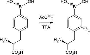 Scheme 25: 
              Radiosynthesis of 4-[10B]borono-2-[18F]fluoro-l-phenylalanine (18F-PBA) [171].
            
