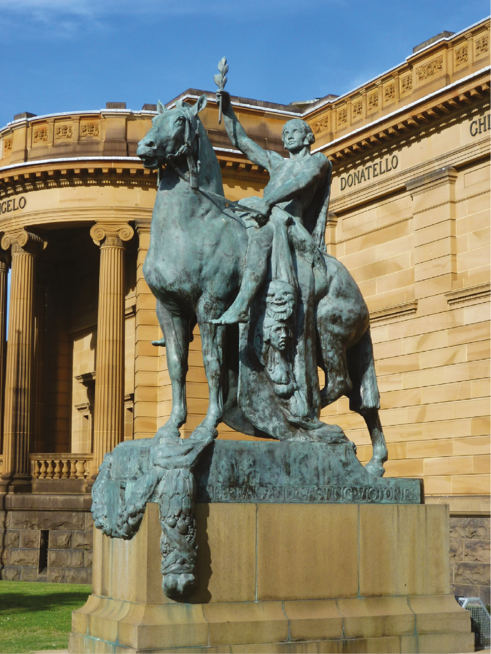 Bronze sculpture by Gilbert Bayes “Offerings of Peace” (left side of facade) inscription: “The Real and Lasting Victories Are Those of Peace and Not of War”. Art Gallery of New South Wales Accession no. 3254. Creative Commons Attribution-Share Alike 4.0 International licence. Author Whiteghost.ink