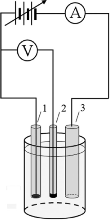Fig. 4.17-1: 
            Schematic of a three-electrode cell. 1 - working electrode, 2 - reference electrode, 3 - auxiliary electrode. The potential between 1 and 2 is set while passing and measuring current between 1 and 3. See Classification of electrodes by function.
          