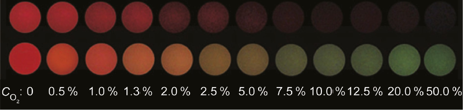 Fig. 5: 
						Optical output of a solid-state sensor strip comprised of a Pt(II) porphyrin and a CdTe/CdS QD. The top row shows the emission of the Pt(II) porphyrin alone, while the bottom row shows the ratiometric output of the combined porphyrin/QD sensor. Adapted with permission from [118]. Copyright 2008 Wiley-VCH Verlag GmbH & Co. KGaA.
					
