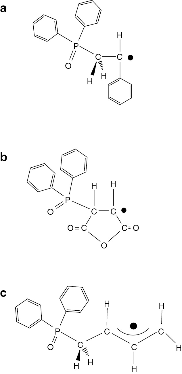 Fig. 14: 
            Structures of chain initiating radicals formed by radical addition of diphenyl phosphinoyl radical to (a) styrene, (b) maleic anhydride, and (c) 1,3-butadiene.
          