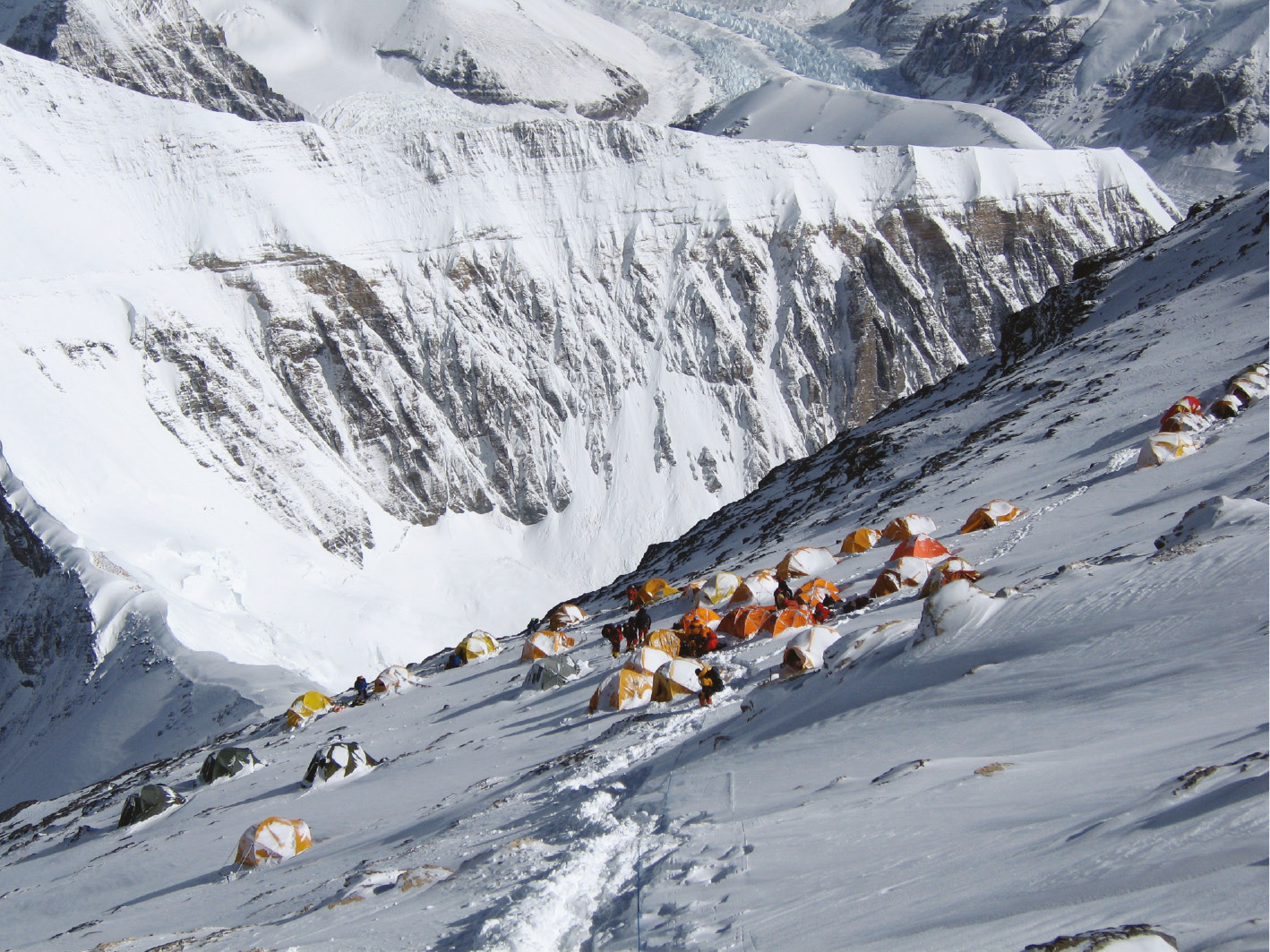 Fig. 8: Coming back from the summit of Mount Everest to the highest camp on the North side, located at an altitude of 8300 m. Everything up there is aslope!
