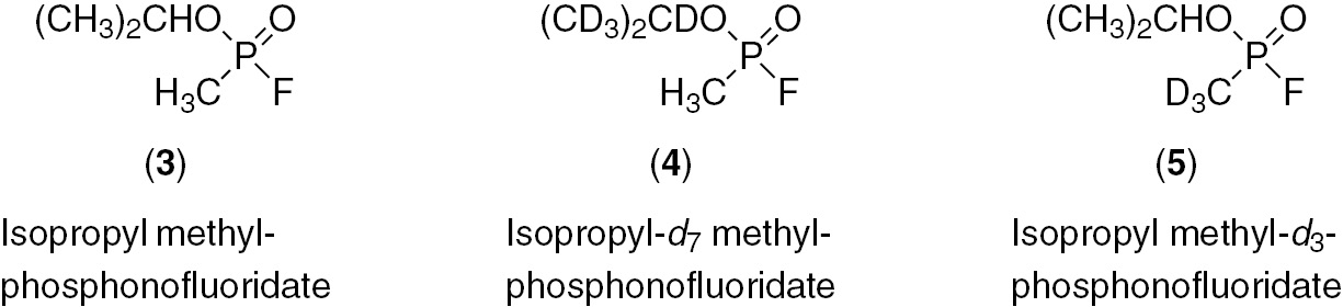 Fig. 2: Sarin (left) and two deuterated analogues (middle and right).
