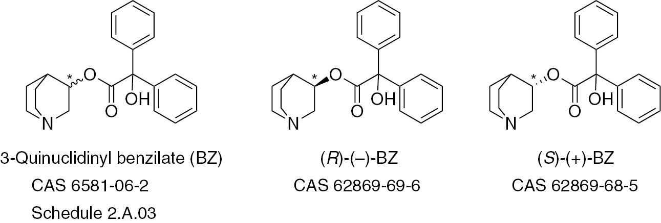 Fig. 3: Racemic BZ (left) and its enantiomers (middle and right). The asymmetric carbon atom is marked with an asterisk.