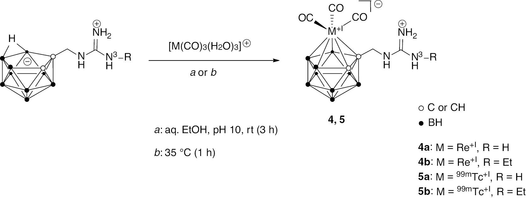 Scheme 2: Synthesis of complexes 4a,b and 5a,b [96]. The position of the nitrogen atom N3 of the guanidine group is labelled.