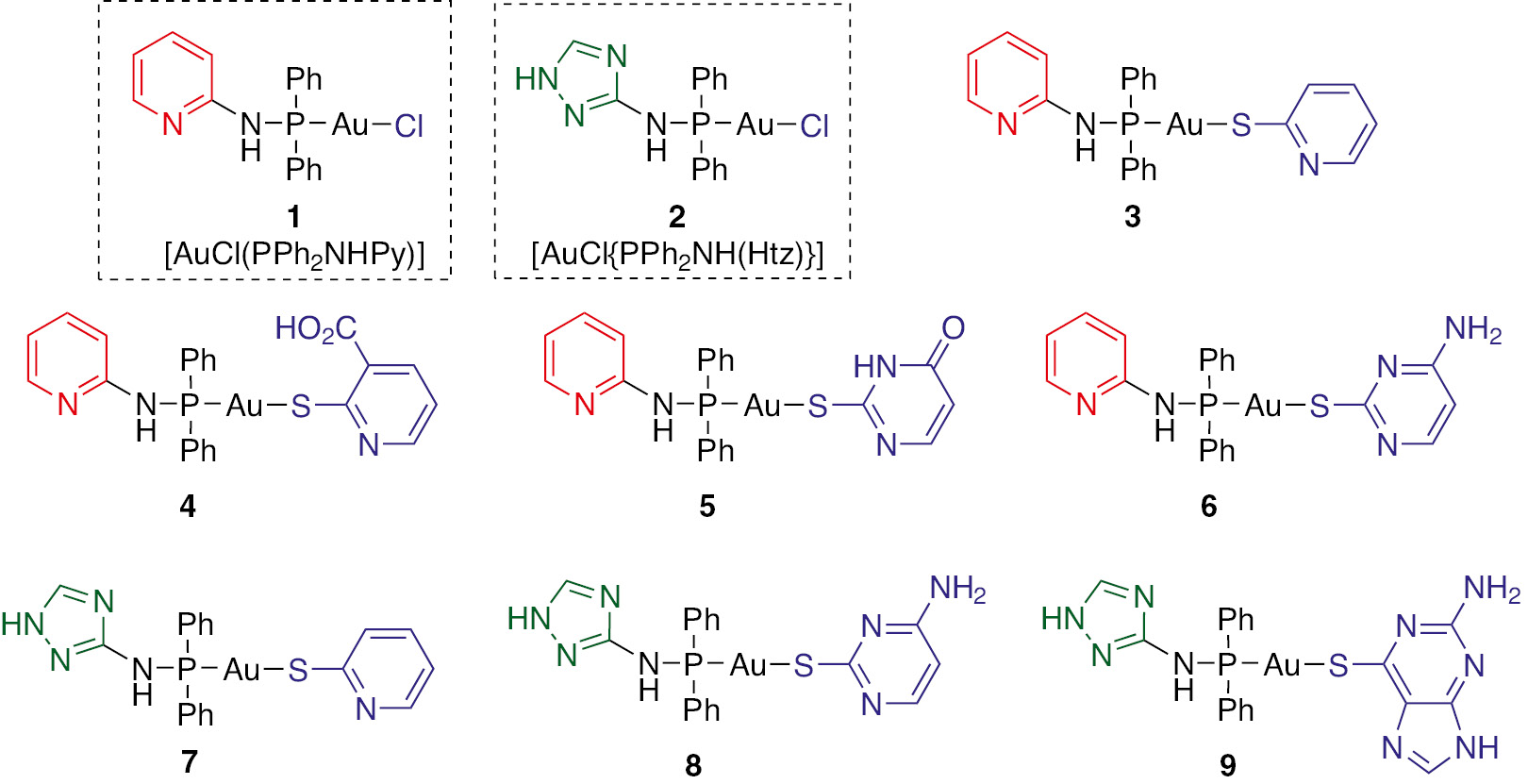 Fig. 2: Gold(I) complexes bearing thiolate functionalized DNA-bases and aminophosphane ligands.
