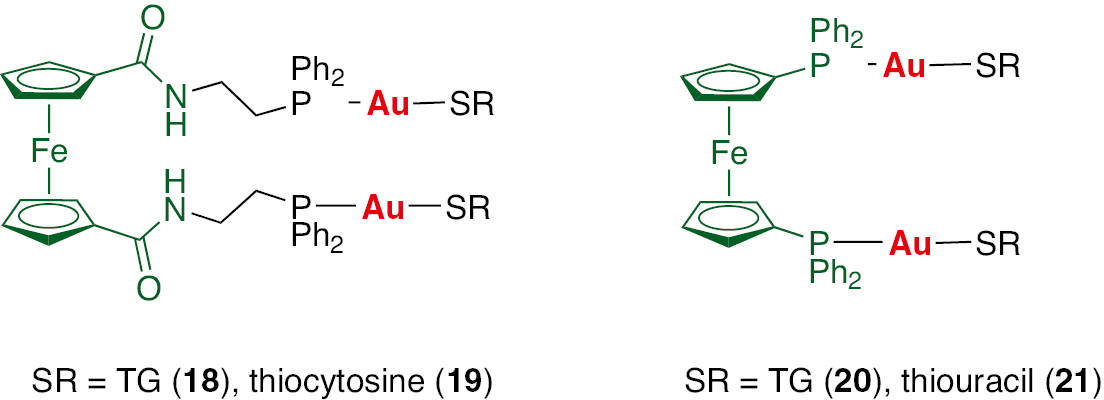 Fig. 3: Thiolate gold complexes prepared from disubstituted ferrocenyl ligands.