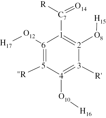 Fig. 1: General structure of acylphloroglucinols and atom-numbering utilised in the computational studies reviewed here [9], [10], [11], [12], [13], [14], [15], [16], [17], [18], [19], [20], [21], [22], [23], [24], [25], [26], [27], [28], [29], [30], [31], [32], [33], [34], [35], [36], [37], [38]. The first atom of R (after C7) is given the number 13, the first atom of R′ is given the number 9 and the first atom of R″ is given the number 11. For dimeric acylphloroglucinols, C9 is the C atom of the methylene bridge joining the two moieties, and the atom numbers of the second moiety are primed.