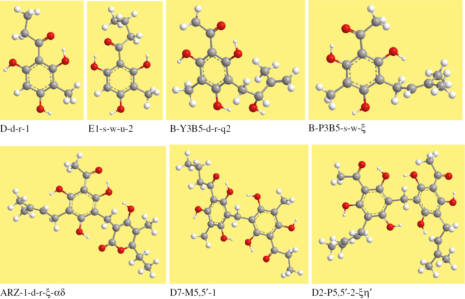 Fig. 2: Illustrative examples of the use of acronyms in the study of acylphloroglucinols. In D-d-r-1, D informs that R is an ethyl group and that R′ is a methyl group, d informs that the first IHB is H15O14, r informs that O10H16 is oriented towards R′ and 1 informs that R has on-the-plane geometry. In E1-s-w-u-2, E1 informs that R is an n-propyl group and that R′ is a methyl group, s informs that the first IHB is H17O14, w informs that O10H16 is oriented to the other side with respect to R′, u informs that O9H15 is oriented towards the acyl group and 2 informs that R has a bent, out-of-plane geometry. In B-Y3B5-d-r-q2, B informs that R is a methyl group, Y3 informs about R′ (a chain denoted as Y), B5 informs that R″ is a methyl group, d and r have the above-mentioned meanings, and q2 informs that the second IHB has O10H16 as donor. In B-P3B5-s-w-ξ, B informs that R is a methyl group, P3 informs that R′ is a prenyl chain, B5 informs that R″ is a methyl group, s and w have the above-mentioned meanings, and ξ informs that O8H15 is engaged in an O–Hπ IHB with the π bond of the prenyl chain. In ARZ-1-d-r-ξ-αδ, ARZ informs that the molecule considered is arzanol, 1 refers to the mutual orientation of the two rings, d and r have the above-mentioned meanings, ξ informs that O12H17 is engaged in an O–Hπ IHB with the π bond of the prenyl chain and α and δ denote the intermonomer IHBs shown in the model. For dimeric ACPLs, the uppercase letter D is used to inform that the compound considered is a dimeric ACPL and is immediately followed by a number denoting the combination of acyl chains in that compound; the substituents in the C5 positions of each monomer are also denoted by symbols; and the information about the geometry of each monomer is summarised by numbers. In D7-M5,5′-1, D7 informs that the dimeric molecule has the combination of acyl chains indicated by the number 7 (n-propyl in one monomer and ethyl in the other), M5,5′ informs that the substituents at the C5 positions in the two monomers are methyls, and 1 informs about the geometry of the two monomers and their mutual orientations (both monomers with d-r geometry and with the acyl groups on opposite sides with respect to the methylene bridge). In D2-P5,5′-2-ξη′, D2 informs that the dimeric molecule has the combination of acyl chains indicated by the number 2 (both of them methyls), P5,5′ informs that the substituents at the C5 positions in the two monomers are prenyl chains, 2 informs that the two monomers have d-r and s-w geometries, respectively and their acyl chains are on the same side with respect to the methylene bridge, ξ informs that, in the first monomer, O12H17 is engaged in an O–Hπ IHB with the π bond of the prenyl chain at C5 and η′ informs that, in the second monomer, O10H16 is engaged in an O–Hπ IHB with the π bond of the prenyl chain at C5′.