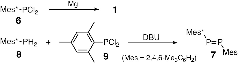 Scheme 2: 
            Preparation of diphosphenes 1 and 7 (DBU=1,8-diazabicyclo[5.4.0]undec-7-ene).
          