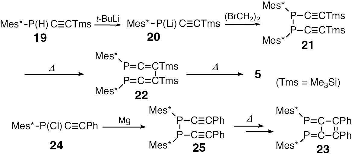Scheme 5:
Preparation of 3,4-diphosphanylidenecyclobutenes 5 and 23.