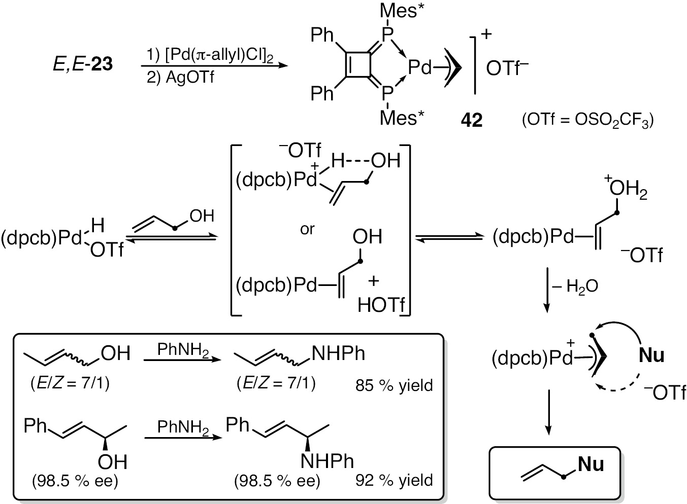 Scheme 10:
Preparation of π-allylpalladium complex 42 and double inversion process in the Tsuji-Trost reaction.