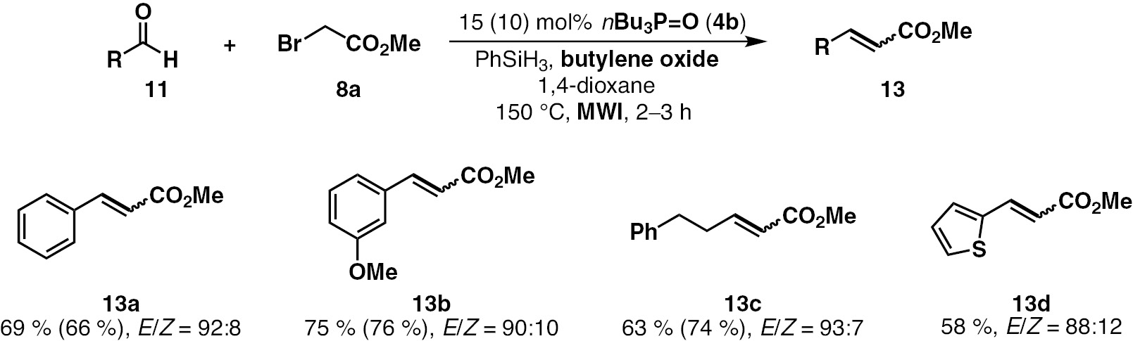 Scheme 3: 
            First microwave assisted catalytic Wittig reaction and selected examples. Yields in parenthesis corresponds to the use of 10 mol% catalyst 4b.
          