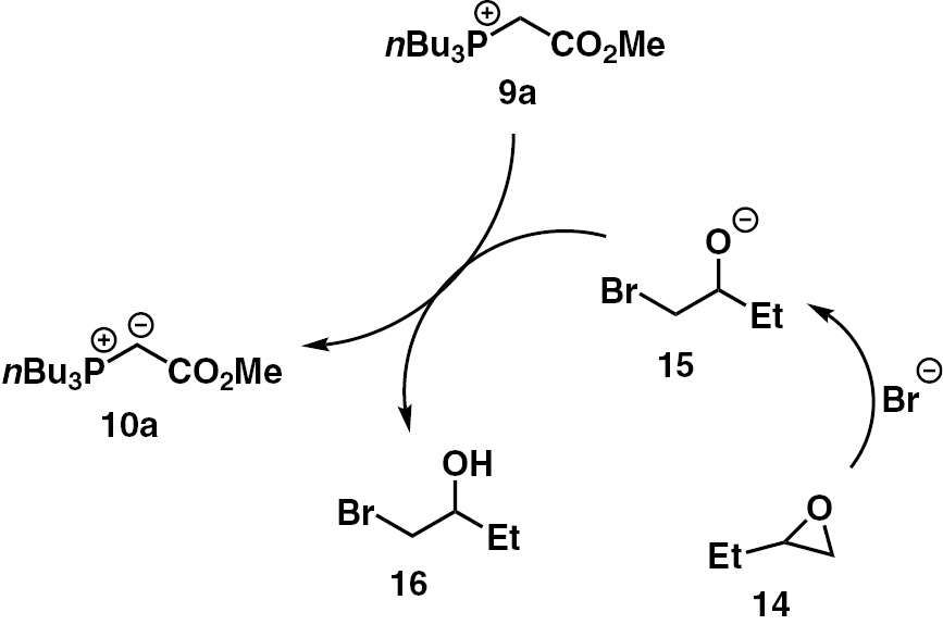Scheme 4: 
            Putative mechanism for the ylide formation in the presence of butylene oxide as a capped base.
          
