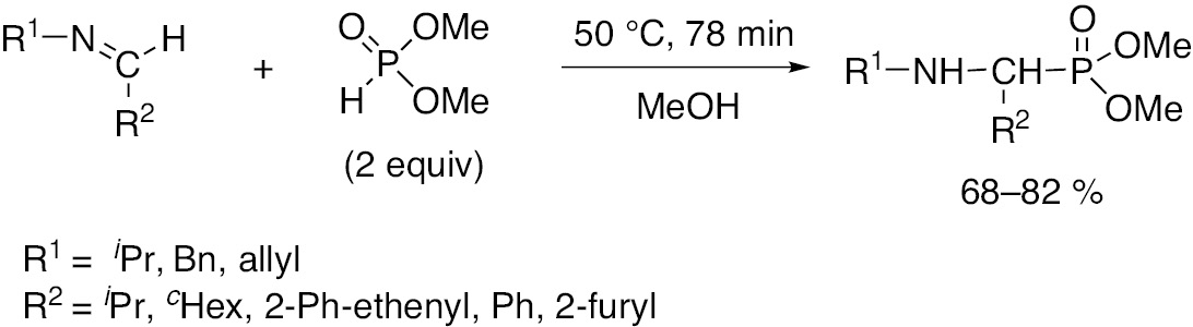 Scheme 2:
Aza-Pudovik reaction of imines with dimethyl phosphite in a microreactor.