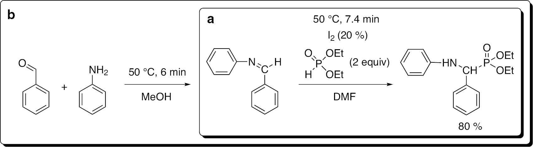 Scheme 3:
Synthesis of diethyl (phenylamino)benzylposphonate by aza-Pudovik reaction.