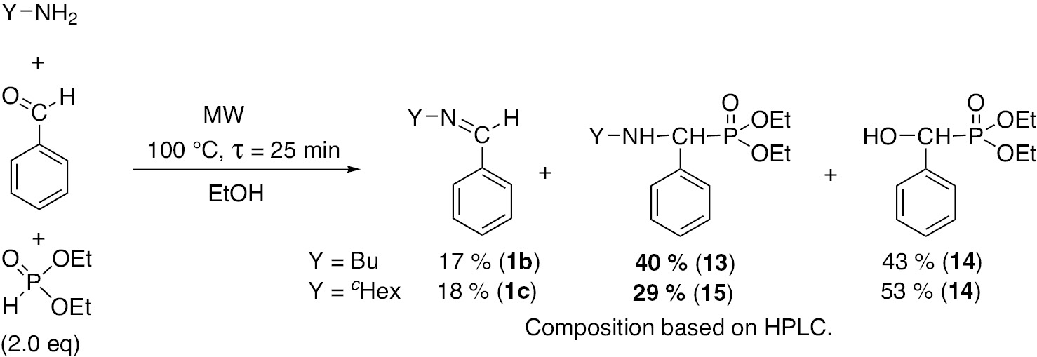 Scheme 5:
Continuous flow MW-assisted Kabachnik-Fields reaction of butylamine and cyclohexylamine with benzaldehyde and diethyl phosphite.