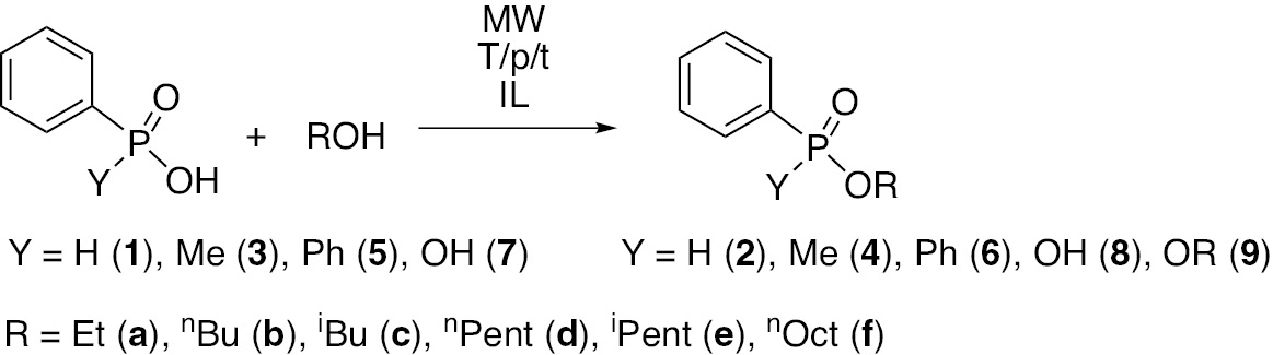 Scheme 1:
MW-assisted esterification of acyclic phosphinic and phosphonic acids.